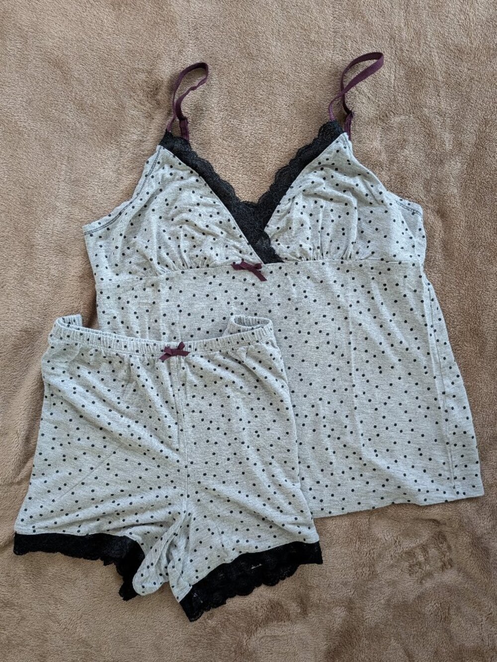 Denver Hayes Baby Doll PJ's Grey with Black Polks Dots Lace Trim Size Small